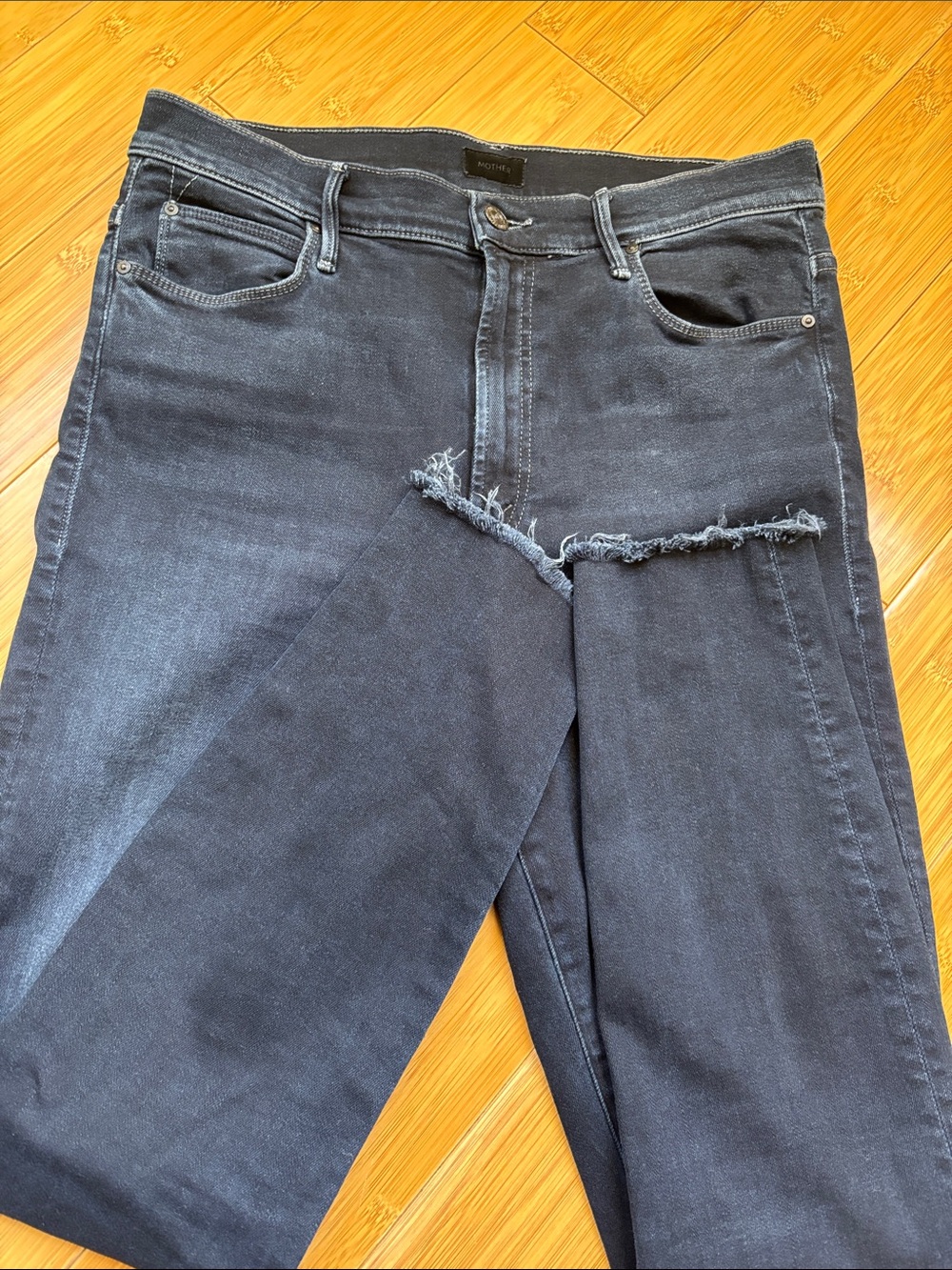 MOTHER Black Skinny Jeans with Frayed Knee Detail
